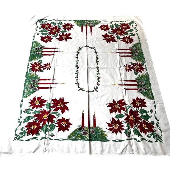 Vintage Christmas tablecloth printed cotton rectangle festive 1960's holiday - Picture 6 of 8